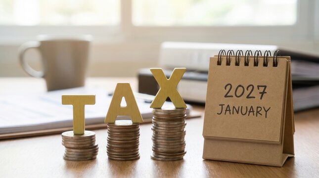Tax Year January 2027 Due Date Planning Concept with Coin Stacks, Folders, and Desk Calendar
