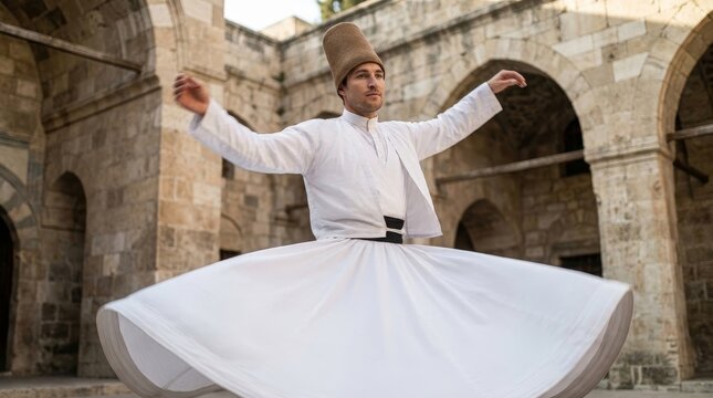 Whirling dervish performing Sufi dance in a historic stone courtyard