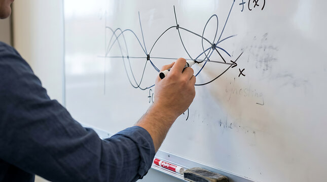 Person drawing mathematical curves and graphs on a white whiteboard in a classroom