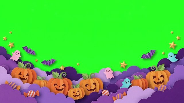Halloween holiday greenscreen lower third background with paper cut design, cute pumpkins, bats, and ghosts in a 3Danimation border style