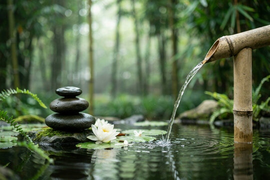 Fontaine en bambou, pierres zen en &eacute;quilibre et n&eacute;nuphar dans un jardin paisible