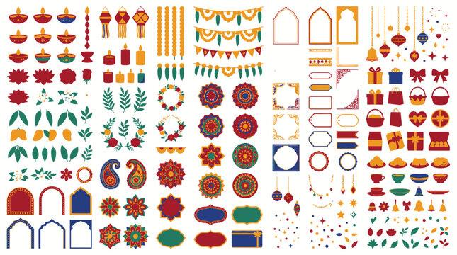 Colorful Indian festive vector elements, decorative mandala patterns, diyas, garlands, gift boxes, borders, and icon set for Diwali and Eid holidays in flat design style, rich red orange green.