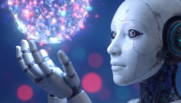 Gros plan sur un robot humano&iuml;de examinant une sph&egrave;re &eacute;nerg&eacute;tique lumineuse