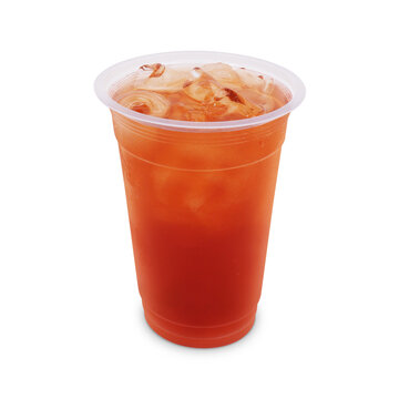 Iced Tea with Ice Cubes in Transparent Plastic Cup