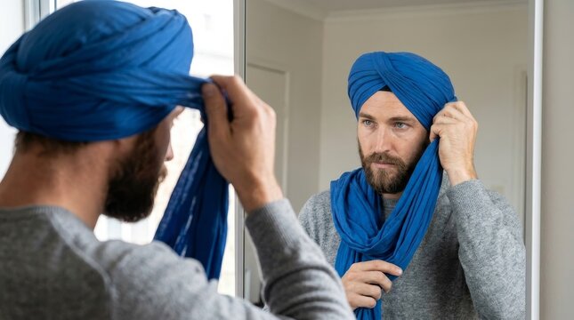 Sikh Man Carefully Tying a Bright Blue Turban in Front of a Mirror