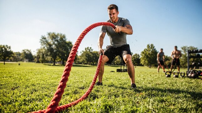 Homme muscl&eacute; faisant de l'exercice avec des cordes de combat dans un parc en plein air