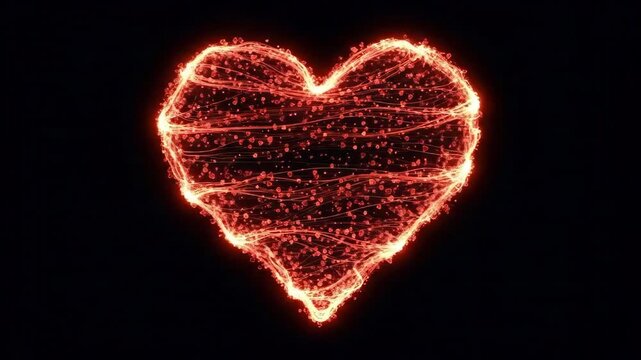 Glowing red particle and line heart shape on a black background. Suitable for valentines, weddings, anniversaries, events, and greetings.