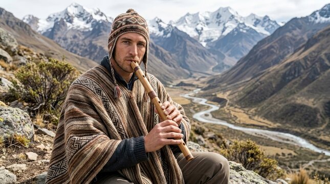 Indigenous man playing traditional flute in the Andes mountains