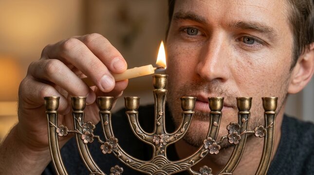 Hand lighting eighth Hanukkah candle on traditional Menorah
