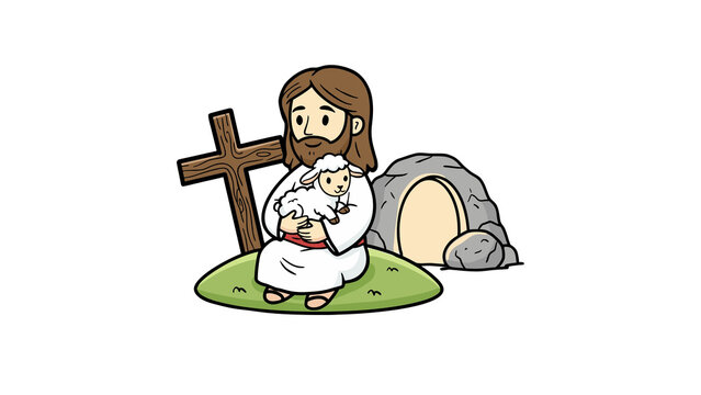 Jesus Christ with lamb sheep in front of empty tomb easter illustration