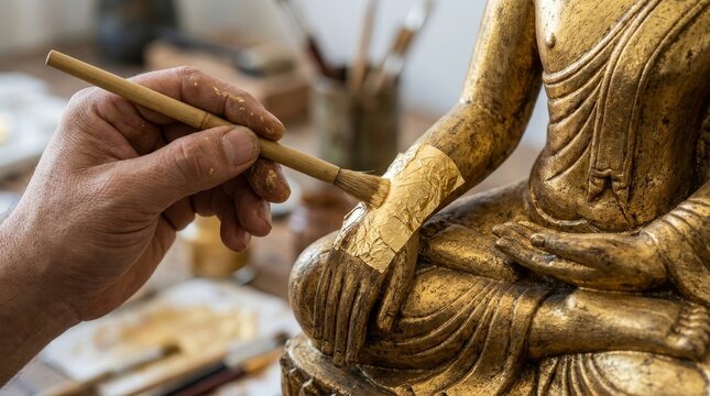 Close-up of Artist's Hand Applying Gold Leaf to Buddha Statue