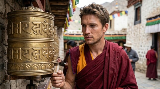 Close up of hand spinning brass prayer wheel, Tibetan monastery