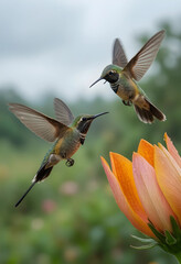 Naklejka premium Pollination and biodiversity, two hummingbirds hovering near an orange flower in a garden for environmental conservation and wildlife nature photography