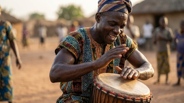 African Man in Traditional Dress Playing Djembe Drum with Passion