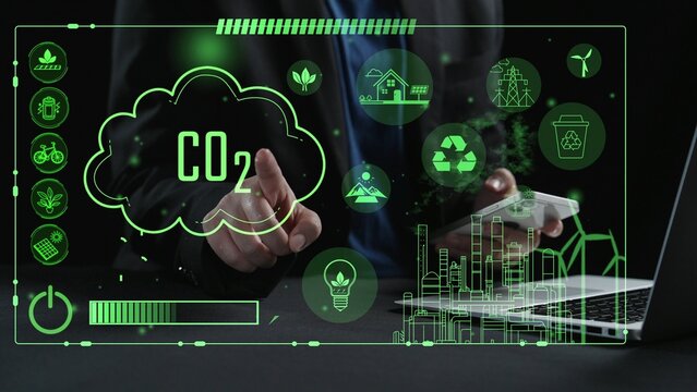 Vibrant digital representation focused on green energy solutions and CO2 reduction strategies, showcasing technology's role in promoting sustainability and eco-friendly innovations. Cipher