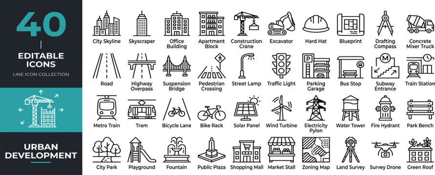 Urban development line icon set with city planning, zoning, land development, construction and infrastructure symbols. Editable outline icons.