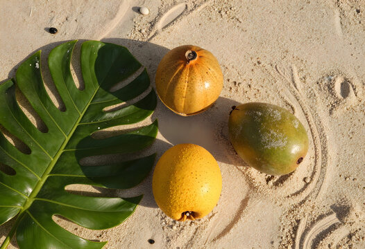 Tropical vacation and summer travel concept, exotic fruits and monstera leaf on white sand beach, relaxation and wellness lifestyle in sunny climate