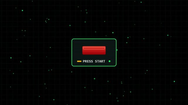 Retro video game start screen with a red button and text on a dark grid background with floating green particles