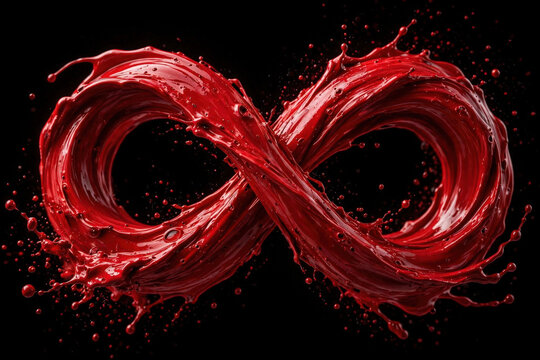 Crimson paint twisting into an infinity loop on black background