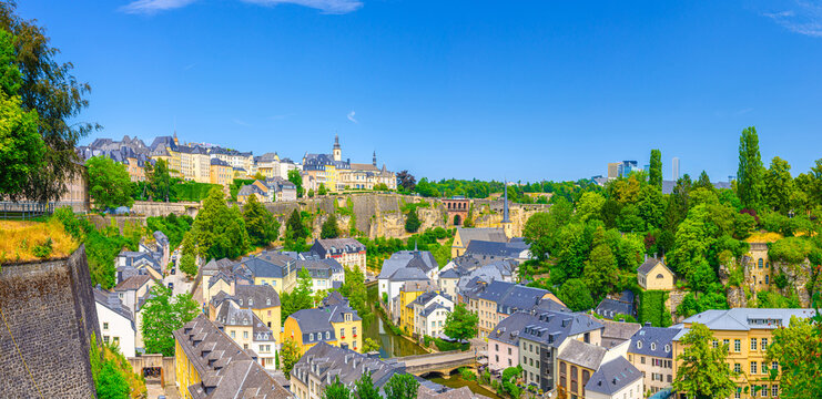 Luxembourg panorama, aerial panoramic view Luxembourg City historic centre cityscape skyline, Luxembourg old town Grund and Ville Haute districts in Alzette river valley, old colorful buildings