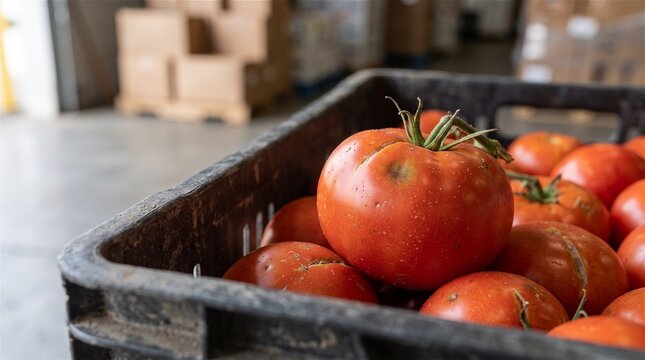 Ripe tomatoes with blemishes stored in a dirty plastic crate