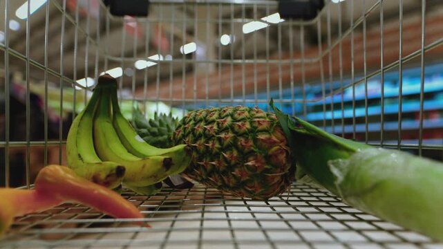 Timelapse of a shopping cart filled with fresh fruits moving through a supermarket. Grocery shopping, healthy lifestyle, fresh produce, nutrition, consumer habits and everyday shopping experience.
