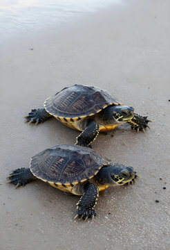 Wildlife conservation and biodiversity, two small turtles walking on wet sand near water edge in natural habitat, environmental protection concept