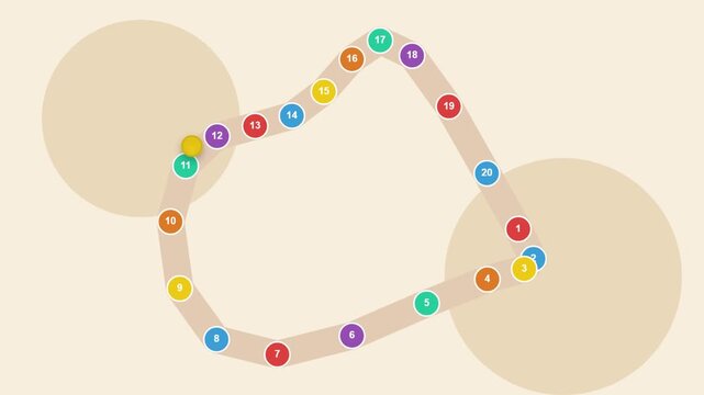 Board game path map track with colorful milestone circles loop