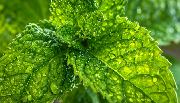 Macro shot of fresh mint leaves with water droplets