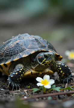 wildlife conservation and biodiversity, small turtle walking on forest floor near white flower in natural habitat with soft focus background
