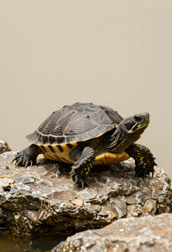 wildlife conservation and biodiversity, painted turtle resting on a rock in a natural habitat with water and stone background