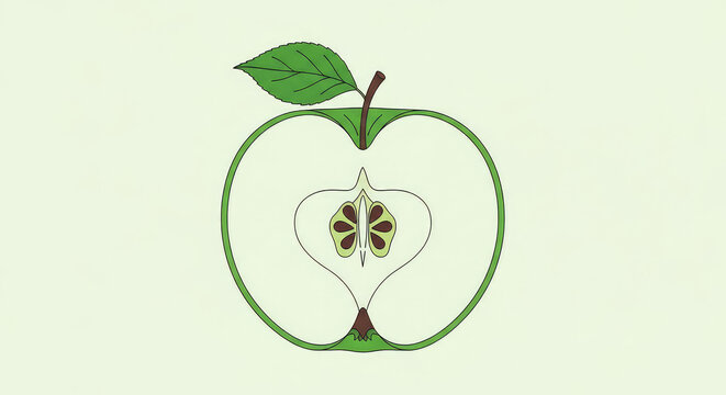 Green apple half illustration with leaf