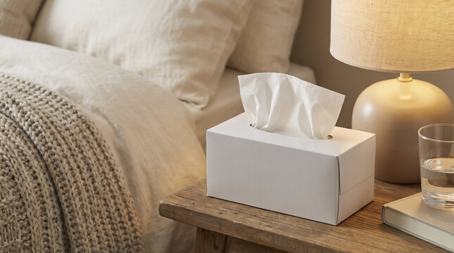 White tissue box rests quietly beside glowing table lamp on wooden nightstand. Soft paper tissues stand ready beside cozy bedding, providing calm comfort within peaceful modern bedroom interior.