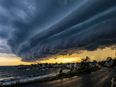 Massive shelf cloud over coastal town at dramatic sunset