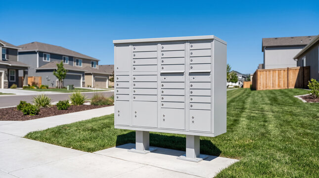 Modern Aluminum Cluster Mailbox Unit in Landscaped Public Area of Contemporary Suburban Housing Development