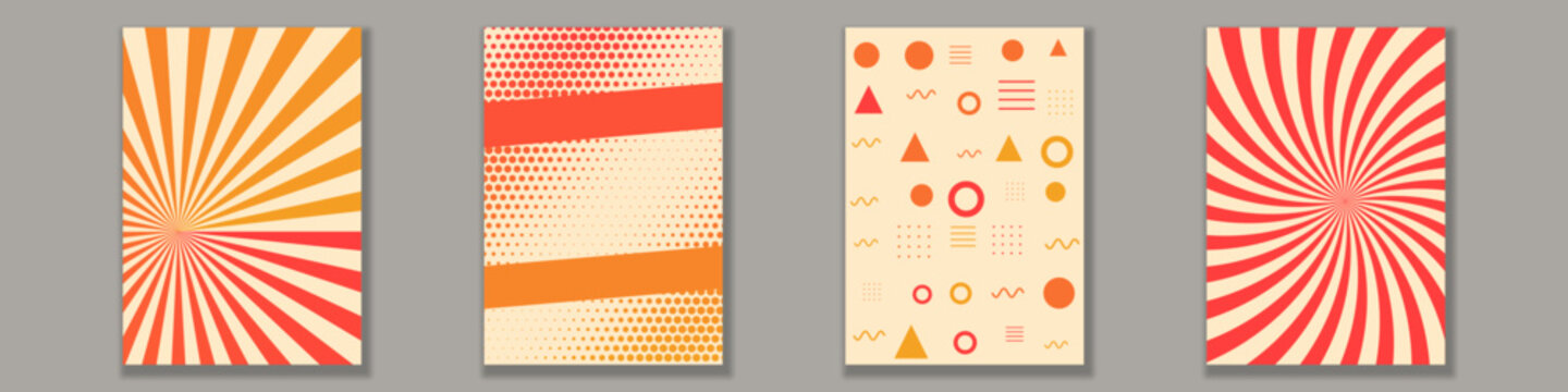 Vintage poster collection featuring abstract shapes, sunburst rays and halftone dots, vector graphic template