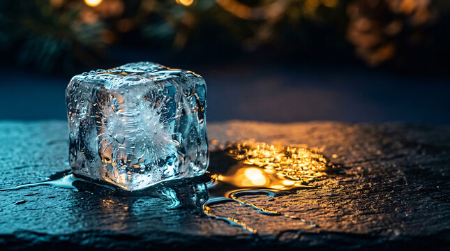 Ice cube melting on a dark stone surface with warm bokeh lights