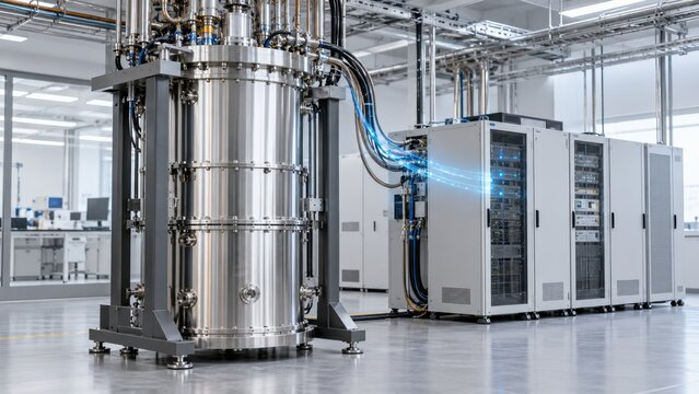 Advanced quantum computer cryostat cylinder in a high tech research lab