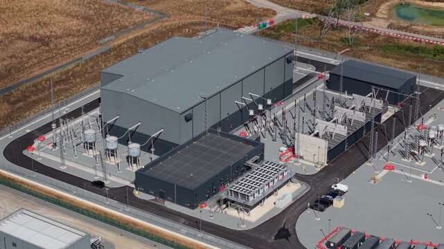 Aerial view of modern electrical substation and transformer facility in Bramford, UK