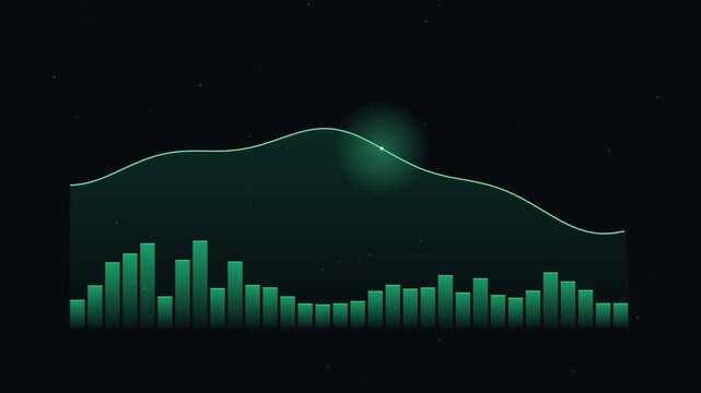 Glowing data trend chart with fluctuating bar graph in dark space