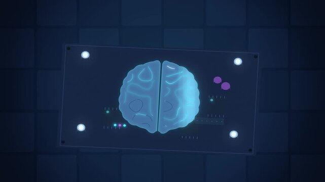 Cyan and violet AI brain struck by lightning bolts top down view