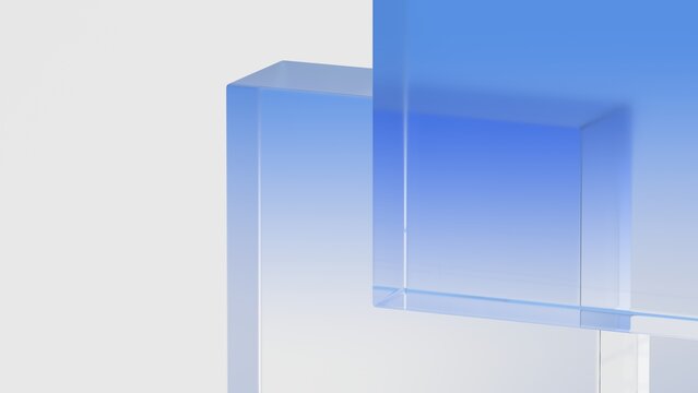 Translucent blue glass blocks with soft gradient light on a light background, minimal geometric composition, 3d render