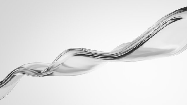 Twisted transparent liquid glass ribbon flowing on a light gray background, abstract minimal shape, 3d render