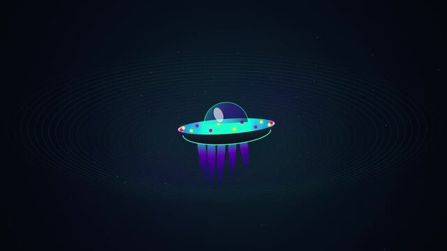 Cute colorful UFO spaceship hovering with glowing tractor beam loop