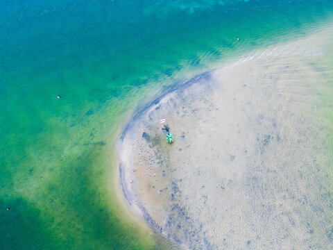 Aerial view of Palm Tree Island with a single palm tree, flags, parking meter and scattered birds on a sandy beach in Wrightsville Beach, North Carolina, United States.
