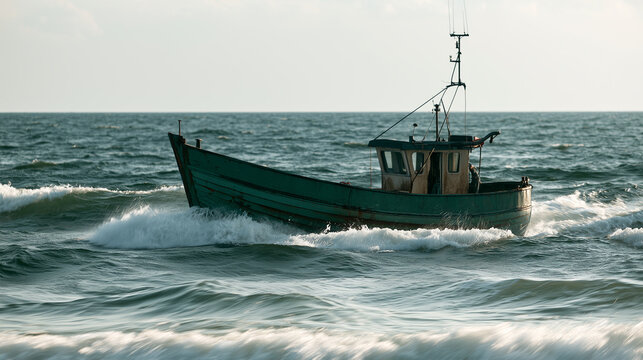 Small fishing boat with crew navigating choppy Baltic Sea waters in bright overcast light during day showing movement and water action