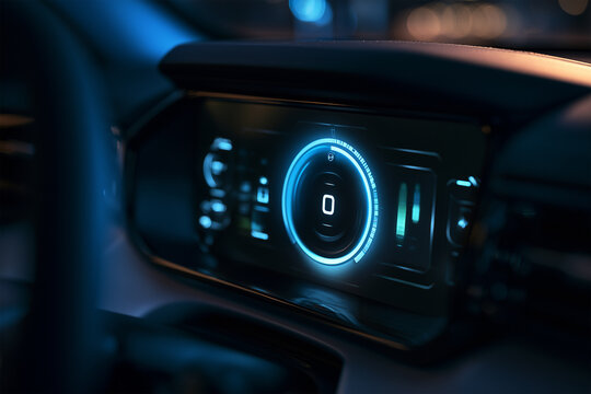 EV dashboard showing home energy export status in car at night with soft lighting