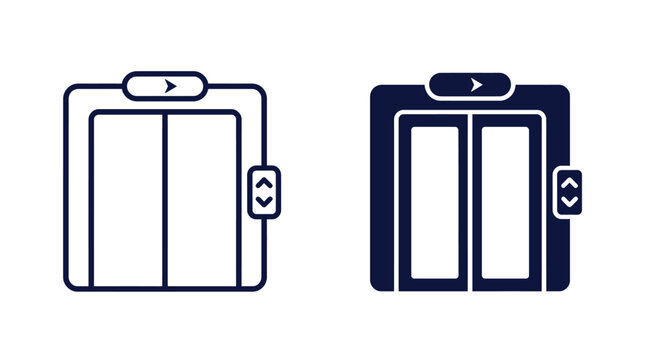 Modern elevator doors vector outline and solid graphic set featuring clean minimalist lines