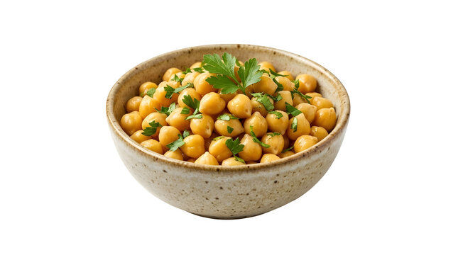 Bowl of delicious cooked chickpeas garnished with fresh parsley isolated on transparent background