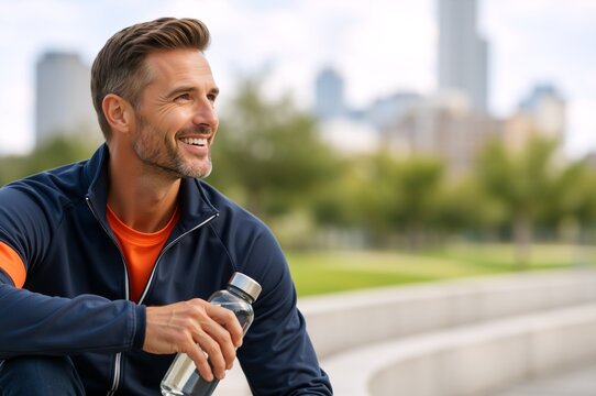 Athletic mature man smiling during outdoor workout break. Sporty male holding reusable water bottle in city park